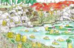  :3 absurdres afloat bug butterfly dandelion dandelion_seed day fishing fishing_rod flower food frog grass highres holding holding_fishing_rod leaf lily_pad lotus mushroom nature no_humans on_mushroom on_rock onigiri original outdoors painting_(medium) pink_flower pond rock silent-frog sitting_on_mushroom swimming traditional_media water water_lily_flower watercolor_(medium) 