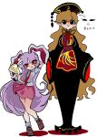  2girls animal_ears arm_behind_head arm_up arrow_(symbol) belt black_dress black_eyes black_hat blush_stickers breasts brown_belt brown_hair brown_shoes chinese_clothes closed_mouth collared_shirt crescent crescent_print dalachi_(headdress) dress full_body gun hair_between_eyes hand_up haniwa_kue hat highres holding holding_gun holding_weapon junko_(touhou) large_breasts legacy_of_lunatic_kingdom long_dress long_hair long_sleeves looking_at_another looking_at_viewer lunatic_gun mandarin_collar multiple_girls neck_ribbon necktie open_mouth parted_bangs phoenix_print pink_skirt pom_pom_(clothes) puffy_short_sleeves puffy_sleeves purple_hair rabbit_ears rabbit_girl red_eyes red_necktie red_tabard reisen_udongein_inaba ribbon shadow shirt shoes short_sleeves simple_background skirt smile socks standing standing_on_one_leg tabard tassel touhou wavy_hair weapon white_background white_belt white_shirt white_socks wide_sleeves yellow_ribbon 