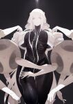  1girl black_skin bone colored_skin eurica_(ub1mo) exposed_bone extra_arms highres joints multicolored_skin original ribs robot_girl robot_joints see-through_body skeleton solo two-tone_skin ub1mo white_hair white_skin 