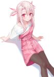  1girl absurdres black_pantyhose blush commentary_request fate/kaleid_liner_prisma_illya fate_(series) grey_hair highres illyasviel_von_einzbern kaze_22 long_hair looking_at_viewer open_mouth pantyhose red_eyes shirt simple_background sitting solo suspenders white_background white_shirt 