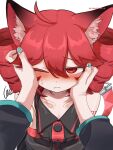  2girls ahoge animal_ears annoyed aqua_nails bare_shoulders black_shirt black_sleeves blush breast_pocket breasts cat_ears detached_sleeves drill_hair from_above hair_between_eyes hands_on_another&#039;s_head hatsune_miku headpat highres karasu2020_8 kasane_teto kasane_teto_(utau) long_sleeves looking_at_viewer multiple_girls number_tattoo pocket pov pov_hands red_eyes red_hair shirt signature simple_background sleeveless sleeveless_shirt small_breasts standing sweatdrop tattoo twin_drills utau vocaloid white_background 
