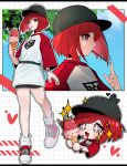  1girl absurdres alternate_costume baseball_cap belt brown_eyes choker commentary danganronpa_(series) danganronpa_v3:_killing_harmony drooling food gaba33 hat heart highres ice_cream ice_cream_cone leaf medium_hair pocky red_hair red_shoes shoes short_shorts shorts sparkle sparkling_eyes symbol-only_commentary tree watch wristwatch yumeno_himiko 