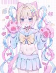  1girl :| animal_ears animal_hands arms_up barcode blonde_hair blue_eyes blue_hair blue_serafuku bow cat cat_ears cat_paws chest_bow chouzetsusaikawa_tenshi-chan closed_mouth colored_tips daten_route flustered grid_background hair_bow heart heart-shaped_pupils highres hiro_0607 internet_explorer looking_at_viewer multicolored_hair multiple_hair_bows needy_girl_overdose panty_straps pastel_colors pill pink_hair quad_tails school_uniform serafuku solo symbol-shaped_pupils upper_body 