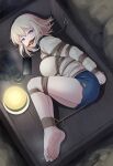  1girl absurdres arms_behind_back ave_mujica_(bang_dream!) ball_gag bang_dream! bang_dream!_it&#039;s_mygo!!!!! bare_legs barefoot bdsm blonde_hair blue_shorts bondage bound bound_arms bound_legs bound_toes box breasts brown_shirt cellphone collar cutoffs denim denim_shorts dirt feet gag highres in_box in_container iphone lamp large_breasts legs_folded long_sleeves looking_at_viewer lying medium_hair misumi_uika on_side peril phone platform_sandals purple_eyes saliva saliva_trail sandals shirt shorts smartphone soles toes unworn_sandals wooden_box yanx5 