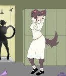 absurd_res anthro armpit_sniffing background_character beastars blue_eyes bottomwear brown_body brown_fur canid canine canis cheetah clothes_pile clothing communal_shower countershade_face countershade_neck countershade_torso countershading duo feet felid feline female fur gotadraw head_tuft hi_res juno_(beastars) kerchief leg_tuft locker locker_room mammal neckerchief neckwear panties public_shower school_uniform sheila_(beastars) shower_room silhouette skirt smelly smelly_armpits smelly_feet sniffing sweat_stain tail tan_body tan_fur tuft underwear uniform wolf worried