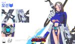  1girl absurdres armored_gloves artist_collaboration artist_logo artist_name belt blue_bodysuit blue_eyes blush bodysuit breasts brown_hair cameltoe character_name clothing_cutout cowboy_shot crazyred electricity energy_blade hair_over_one_eye highres holding holding_weapon impossible_bodysuit impossible_clothes knife knife_sheath large_breasts logo long_hair mole mole_under_mouth multicolored_hair navel original polearm pouch qs_(qs_0222) reference_sheet science_fiction sheath signature simple_background skirt standing stomach_cutout thigh_cutout twitter_username two-tone_hair underboob weapon weapon_on_back white_background white_hair white_skirt 