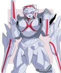  1girl absurdres blush character_request helmet highres mecha no.1_sentai_gozyuger no_humans open_mouth purple_eyes queen_tegajune robot shadow_(modeler3622) simple_background solo solo_focus super_sentai tegajune tokusatsu weapon 