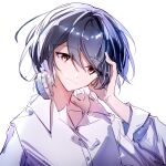  1girl bang_dream! bang_dream!_it&#039;s_mygo!!!!! brown_eyes collared_shirt dress_shirt grey_hair hair_between_eyes hand_up hibioes highres shirt short_hair simple_background solo takamatsu_tomori upper_body white_background white_shirt 