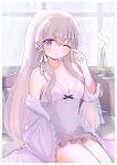  1girl :o apartment azur_lane bare_shoulders black_ribbon blurry blurry_background breasts conet510 eyebrows_visible_through_hair flower grey_hair hair_ornament heterochromia highres jacket long_hair murmansk_(azur_lane) murmansk_(sceneries_of_pure_snow)_(azur_lane) nightgown official_alternate_costume one_eye_closed purple_eyes ribbon see-through signature solo thighs waking_up white_flower white_nightgown white_ribbon 