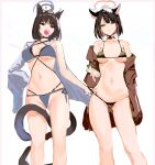  2girls absurdres alternate_costume animal_ears bikini black_eyes blue_archive blue_halo cat_ears cat_girl cat_tail colored_inner_animal_ears halo highres kazusa_(blue_archive) kikyou_(blue_archive) kikyou_(swimsuit)_(blue_archive) multiple_girls multiple_tails official_alternate_costume porroll simple_background swimsuit tail two_tails white_background 
