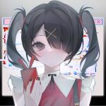  1girl ame-chan_(needy_girl_overdose) black_eyes border distortion glitch gradient_border hair_ornament hair_over_one_eye highres holding holding_phone multicolored_nails neck_ribbon needy_girl_overdose outside_border phone ribbon short_twintails solo suspenders twintails upper_body window_(computing) winged_sleeves x_hair_ornament yuyu_3 