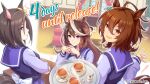  3girls agnes_tachyon_(umamusume) ahoge air_groove_(umamusume) animal_ears back_bow blue_eyes bow bowtie breasts brown_hair closed_mouth collarbone company_name copyright_notice couch crossed_arms cup cygames desk ear_ornament english_commentary english_text from_behind hair_between_eyes hair_ornament highres horse_ears horse_girl horse_tail horseshoe_ornament indoors long_hair long_sleeves looking_at_viewer looking_back medium_hair multicolored_hair multiple_girls official_art open_hand open_mouth pink_eyes puffy_long_sleeves puffy_sleeves purple_skirt red_eyes sailor_collar school_uniform second-party_source skirt steam symboli_rudolf_(umamusume) tail tea teacup tracen_school_uniform tray umamusume upper_body white_bow white_hair window winter_uniform 