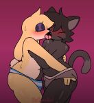 anthro back_grab blush blush_lines bodily_fluids bulge butt butt_grab cat_tail clothing domestic_cat drcreamsoul drooling eyeshadow felid feline felis french_kissing grope hand_on_butt kissing lagomorph leporid makeup male male/male mammal nash_(drcreamsoul) pattern_clothing pattern_underwear purple_eyeshadow rabbit riley_(drcreamsoul) saliva saliva_string scut_tail shaking short_tail simple_background stained_underwear striped_clothing striped_underwear stripes sweat sweatdrop tail tan_body tongue tongue_out trembling underwear yellow_body