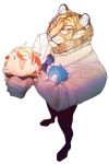  3boys animal_ears axel_syrios black_necktie blonde_hair blue_hair braid collared_shirt from_above furry furry_male highres holostars holostars_english makiei male_focus mini_person multicolored_hair multiple_boys necktie red_hair regis_altare shirt single_braid squeezing tiger tiger_boy tiger_ears toramane virtual_youtuber white_background white_shirt 