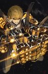  1boy absurdres black_pants black_sclera blonde_hair clenched_teeth colored_sclera cyborg genos highres male_focus mechanical_arms mechanical_hands one-punch_man pants re_naya shirt short_hair solo teeth white_shirt yellow_eyes 