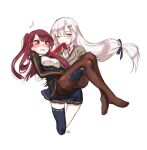  2girls black_skirt black_socks blush girls&#039;_frontline highres multiple_girls necktie red_eyes red_necktie shan skirt socks svd_(girls&#039;_frontline) wa2000_(girls&#039;_frontline) white_hair yuri 