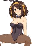  1girl animal_ears arm_support bangs bare_shoulders black_bow black_bowtie black_leotard blush bow bowtie breasts brown_eyes brown_hair brown_legwear cleavage closed_mouth collarbone commentary_request covered_navel detached_collar eyebrows_visible_through_hair fake_animal_ears feet_out_of_frame hairband haruhisky highres invisible_chair leotard looking_at_viewer medium_breasts medium_hair orange_hairband pantyhose playboy_bunny rabbit_ears sidelocks simple_background sitting smile solo spread_legs suzumiya_haruhi suzumiya_haruhi_no_yuuutsu swept_bangs white_background wrist_cuffs 
