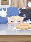  1girl :&lt; animal_ear_fluff animal_ears bag blonde_hair blue_eyes blush curtains dog_ears dog_girl donut english_commentary fangs food handbag highres hololive indoors looking_at_food miixxc mococo_abyssgard multicolored_hair peeking_out perroccino_(fuwamoco) plaque plate pon_de_ring portrait reflection solo streaked_hair table unworn_clothes 
