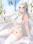  1girl absurdres alternate_breast_size bare_shoulders blonde_hair blush bra breasts cleavage clenched_hand closed_mouth collarbone commentary_request curtains detached_collar edelgard_von_hresvelg fake_wings feathered_wings fire_emblem fire_emblem:_three_houses flower garter_belt gloves glowing glowing_halo hair_ribbon halo hand_up highres indoors large_breasts leaning_to_the_side long_hair looking_at_viewer looking_to_the_side navel on_bed panties parted_bangs peli_cantaro plant pout purple_eyes purple_ribbon ribbon see-through_clothes shade sideboob sitting skindentation solo stomach sweatdrop thick_thighs thighhighs thighs underwear vines wariza white_bra white_gloves white_panties white_thighhighs wind window wings wrist_cuffs 