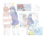  animal_ears blue_hair blue_ribbon body_switch confused diagonal_bangs highres hinoshita_kaho kachimachi_kosuzu link!_like!_love_live! love_live! mole mole_on_neck momose_ginko murano_sayaka musical_note orange_hair personality_switch ponytail rabbit_ears red_ribbon ribbon sweater tomato virtual_youtuber woodonly worried 