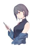  1girl bang_dream! bang_dream!_it&#039;s_mygo!!!!! black_shirt blue_jacket breasts brown_eyes cellphone earphones grey_hair highres holding holding_phone jacket kanade_(kanade_3344) medium_breasts off_shoulder parted_lips phone shirt short_hair simple_background sleeveless sleeveless_shirt smartphone solo takamatsu_tomori upper_body white_background 
