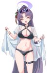 1girl :d ^_^ ass_visible_through_thighs bikini bikini_under_clothes black_bikini blue_archive blue_flower breasts cleavage closed_eyes commentary_request earrings eyewear_on_head fang flower groin hair_flower hair_ornament halo head_tilt highres jacket jewelry large_breasts long_hair navel official_alternate_costume official_alternate_hairstyle open_clothes open_jacket pink-framed_eyewear ponytail purple_hair red_flower rumiya9i see-through_clothes see-through_jacket short_sleeves simple_background skindentation smile solo standing stomach sunglasses swimsuit thigh_strap thighs very_long_hair white_background yellow_flower yukari_(blue_archive) yukari_(swimsuit)_(blue_archive) 