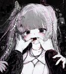  1girl black_background black_eyes black_nails blood blood_on_face bug butterfly crying crying_with_eyes_open fangs guro hand_on_another&#039;s_hand hand_on_own_face highres holding_hands horror_(theme) looking_at_viewer open_mouth pakiruchang piercing tears teeth twintails white_hair 