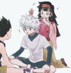  ? alluka_zoldyck bangs black_hair blunt_bangs brother_and_sister dress gon_freecss hair_ornament hairband hairdressing humming hunter_x_hunter killua_zoldyck long_hair siblings sitting smile torohiko white_background white_hair 