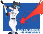  1boy 1girl 2023 animal_ears baseball baseball_bat baseball_helmet baseball_uniform black_socks blue_background blue_eyes blue_hair border cat_ears character_name closed_mouth german_shiroishi gloves helmet holding holding_baseball_bat looking_afar male_focus misskey.io murakami-san_(misskey.io) outside_border pants playing_sports shirt short_hair short_sleeves socks solo sportswear striped_clothes striped_shirt swinging_baseball_bat v-shaped_eyebrows vertical-striped_clothes vertical-striped_shirt white_border white_gloves white_pants world_baseball_classic 