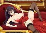  1girl ahoge artist_name azur_lane bare_shoulders black_hair blush breasts choker cocktail_dress commentary dress feet garter_belt garter_straps hair_ornament huge_breasts indoors large_breasts long_hair mixed-language_commentary nipples official_alternate_costume ppshex red_choker red_dress red_eyes solo taihou_(azur_lane) taihou_(forbidden_fruit)_(azur_lane) toes very_long_hair 