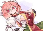  1girl ahoge bandaged_arm bandages breasts bun_cover closed_mouth cuffs double_bun green_skirt hair_bun ibaraki_kasen looking_at_viewer massakasama pink_eyes shackles short_sleeves sideboob skirt solo tabard touhou upper_body v-shaped_eyebrows 