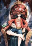  1boy abs black_hair blue_shorts coat coat_on_shoulders collared_coat commentary_request crown full_body highres looking_at_viewer male_focus monkey_d._luffy one_piece red_shirt sandals sash sc_scandium scar scar_on_face shirt short_hair shorts sitting skull smile solo yellow_sash 