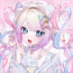  1girl :d blonde_hair blue_collar blue_eyes blue_hair blue_serafuku blunt_bangs border bow cat_hair_ornament chouzetsusaikawa_tenshi-chan collar colored_tips frilled_collar frills grin hair_bow hair_ornament halo highres lace looking_at_viewer maid_headdress multicolored_hair multiple_hair_bows needy_girl_overdose pink_border pink_hair pointing pointing_up quad_tails school_uniform serafuku smile solo sparkle upper_body x_hair_ornament xi69386500 