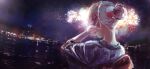  1girl aerial_fireworks building cloud cloudy_sky fireworks from_behind hair_bun hair_ornament hand_in_own_hair highres japanese_clothes kimono lake long_sleeves monogatari_(series) nape night night_sky oikura_sodachi owarimonogatari revision rhinth scenery single_hair_bun sky solo star_(sky) starry_sky upper_body white_hair yukata 