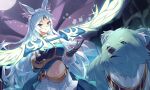  1girl absurdres apollousa_bow_of_the_goddess blue_hair body_fur bow_(weapon) breasts cowboy_shot duel_monster green_eyes green_fur highres kanzakietc large_breasts navel single_bare_shoulder skirt weapon white_skirt yu-gi-oh! 