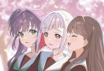  3girls :d ^_^ brown_dress brown_hair cherry_blossoms chromatic_aberration closed_eyes collarbone colored_inner_hair commentary_request diagonal_bangs dress falling_petals fujishima_megumi green_eyes grey_hair hair_bun hair_intakes hair_ornament hasu_no_sora_school_uniform highres link!_like!_love_live! long_hair love_live! masaki_(masakinariya) multicolored_hair multiple_girls otomune_kozue outdoors petals pink_eyes pink_petals profile purple_hair red_hair sailor_collar sailor_dress school_uniform short_hair side_ponytail sidelocks sideways_mouth single_side_bun smile star_(symbol) star_hair_ornament streaked_hair two_side_up upper_body virtual_graduation_commemoration virtual_youtuber white_sailor_collar winter_uniform yugiri_tsuzuri 