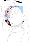  1girl absurdres blue_archive blue_eyes blue_hair blush braid chanshiyu cherino_(blue_archive) commentary_request covered_mouth fake_facial_hair fake_mustache halo highres jacket long_hair long_sleeves midriff navel off_shoulder ok_sign open_clothes partially_colored red_jacket shirt single_braid solo very_long_hair white_jacket white_shirt 