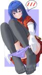 1girl absurdres belt black_thighhighs blue_hair border caeda_(fire_emblem) closed_mouth commission convenient_leg dress elbow_gloves feet fire_emblem full_body gloves hair_intakes highres knees_up kyoichi long_hair looking_at_viewer no_shoes orange_dress panties panty_pull pleated_dress purple_background short_sleeves sidelocks skeb_commission solo spoken_blush thighhighs toenails toes underwear white_border white_gloves 