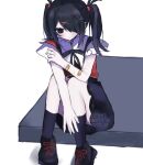  1girl 4_(nn_1_zo) ame-chan_(needy_girl_overdose) bad_anatomy bad_hands bandaid bandaid_on_arm black_socks blonde_hair diagonal_bangs full_body hair_ornament hair_over_one_eye highres multiple_scars neck_ribbon needy_girl_overdose on_ground outstretched_arm platform_shoes ribbon scar scar_on_arm short_twintails sidelocks sitting skirt socks solo spread_fingers suspender_skirt suspenders twintails white_background winged_sleeves x_hair_ornament 