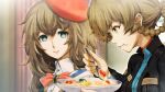  2girls amane_suzuha amane_suzuha_(beta) amane_yuki belt belt_buckle beret black_belt black_jacket blue_eyes blue_jacket blue_stripes blue_track_suit blurry blurry_background bow bowl braid breasts brown_hair buckle chest_bow collared_shirt cosplay costume cropped_jacket dress_vest eating food future_gadget_lab game_cg hair_rings hat high_collar highres holding holding_bowl holding_spoon huke jacket jacket_over_jacket leather leather_jacket long_sleeves medium_breasts mother_and_daughter multiple_girls non-web_source official_art porridge red_bow red_hat ringed_eyes shiny_lips shirt smile spoon steins;gate steins;gate_0 track_jacket track_suit twin_braids twintails yellow_eyes 