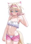  1girl alternate_costume animal_ear_fluff animal_ears bandaid bandaid_hair_ornament bikini bikini_under_shorts blonde_hair blue_eyes blush breasts closed_mouth commentary cowboy_shot crossed_bangs dog_ears dog_girl dog_tail double-parted_bangs english_commentary frilled_bikini frills hair_between_eyes hair_intakes hair_ornament hairband hairclip hand_up highleg highleg_bikini highres hololive hololive_english horn_hairband looking_at_viewer mococo_abyssgard multi-strapped_bikini_bottom multicolored_hair navel noeee open_fly pink_hair pink_hairband short_hair short_shorts shorts simple_background small_breasts solo stomach streaked_hair swimsuit tail two_side_up virtual_youtuber white_background white_bikini x_hair_ornament 