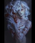  1boy arm_injury bad_link blood blood_on_body blood_on_face collarbone colored_eyelashes completely_nude grey_background highres injury long_hair looking_up lululucid neck_injury nude original pointy_ears simple_background solo solo_focus white_eyelashes white_eyes white_hair 