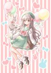  1girl balloon blush bow brown_eyes brown_hair brown_shoes closed_mouth commentary_request footwear_bow full_body green_hat green_sailor_collar green_skirt hat heart highres hoshiibara_mato long_hair long_sleeves original outline pink_bow rabbit sailor_collar school_uniform serafuku shirt shoes skirt sleeves_past_wrists smile socks solo striped_background white_shirt white_socks 