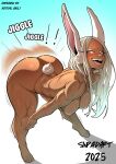  ! !! &gt;:) 1girl 2025 animal_ears artist_collaboration artist_name ass ass_shake barefoot bent_over boku_no_hero_academia breasts commentary completely_nude dark-skinned_female dark_skin english_commentary english_text feet full_body hand_on_own_knee hanging_breasts highres large_breasts long_eyelashes long_hair looking_at_viewer mirko motion_blur motion_lines nipples nude open_mouth parted_bangs rabbit_ears rabbit_girl rabbit_tail red_eyes second-party_source shadow sinpadart smile solo sound_effects sweat tail teeth thick_thighs thighs toenails toes toned toned_female twerking two-tone_background v-shaped_eyebrows white_hair 
