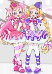  2girls :d blonde_hair blurry blurry_background bow bowtie braid brooch butterfly_earrings capelet clenched_hand crown cure_friendy cure_wonderful dress dress_bow earrings flower_earrings full_body hair_bow hands_up hat heart heart_brooch highres inukai_iroha inukai_komugi jewelry long_hair looking_at_viewer magical_girl multicolored_hair multiple_girls open_hand open_mouth pantyhose paw_pose pink_bow pink_bowtie pink_dress pink_eyes pink_hair pink_pantyhose pink_shoes pink_wrist_cuffs precure purple_bow purple_bowtie purple_capelet purple_dress purple_hat purple_shoes purple_wrist_cuffs shoes smile standing striped_clothes striped_pantyhose thighhighs tilted_headwear twin_braids two-tone_hair two-tone_pantyhose two_side_up very_long_hair white_thighhighs wonderful_precure! wrist_cuffs yakizakana10967 yellow_pantyhose yellow_pupils 