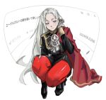  1girl black_shoes capelet center_opening closed_mouth commentary_request edelgard_von_hresvelg fire_emblem fire_emblem:_three_houses garreg_mach_monastery_uniform gloves hair_down hand_on_own_knee hand_up head_tilt highres leaning_to_the_side long_hair long_sleeves looking_down pantyhose parted_bangs purple_eyes red_capelet red_pantyhose shoes solo squatting tomotenasi_e white_background white_gloves white_hair 