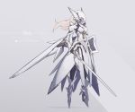 1girl absurdres armor armored_dress blonde_hair breastplate breasts character_name dress english_text floating full_body grey_background helmet high_heels highres holding holding_shield holding_sword holding_weapon long_hair mecha_musume mechanical_wings original shield shoulder_armor simple_background solo sword weapon wings xyufsky 