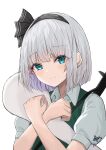  1girl absurdres aqua_eyes black_bow black_hairband bow closed_mouth colored_inner_hair dot_nose green_vest hair_bow hairband harumomiji highres konpaku_youmu konpaku_youmu_(ghost) light_frown looking_at_viewer multicolored_hair purple_hair self_hug shirt short_hair short_sleeves signature solo touhou upper_body vest white_hair white_shirt 