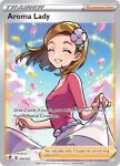  1girl aroma_lady_(pokemon) artist_name blue_sky blush brown_hair card_(medium) character_name closed_eyes cloud company_name copyright_name copyright_notice day english_text eyelashes flower hair_flower hair_ornament lips medium_hair morikura_en official_art pink_petals pink_shirt pokemon pokemon_card pokemon_oras pokemon_tcg purple_flower shirt skirt skirt_tug sky smile solo sparkle third-party_source trading_card white_skirt yellow_petals 