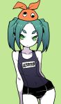  1girl :| akableak aqua_hair arm_behind_back arms_at_sides ass_visible_through_thighs bare_shoulders black_one-piece_swimsuit breasts character_name closed_mouth collarbone colored_skin commentary contrapposto covered_navel cowboy_shot english_commentary expressionless green_background green_eyes hat highres hikimayu long_hair looking_at_viewer monogatari_(series) name_tag old_school_swimsuit one-piece_swimsuit ononoki_yotsugi orange_hat parted_bangs school_swimsuit short_eyebrows sidelocks simple_background small_breasts solo swimsuit thick_eyebrows thigh_gap twintails white_skin 